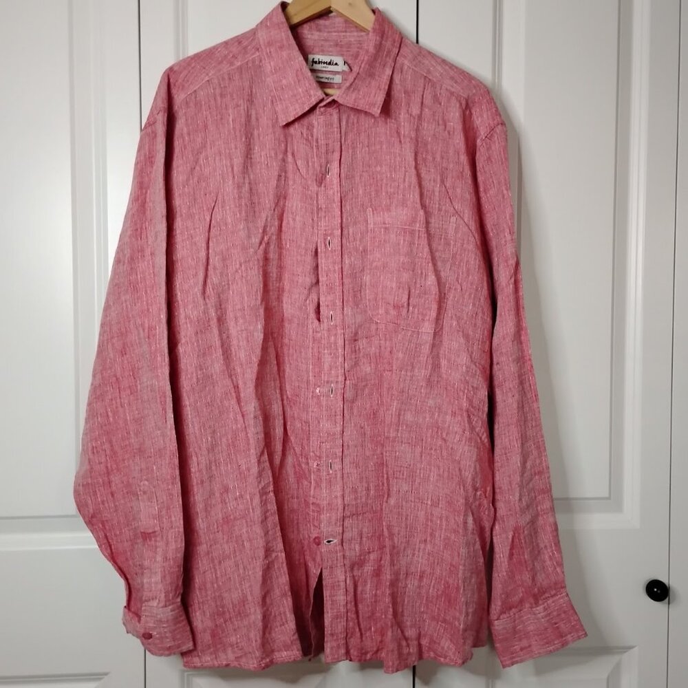 Fabindia Men's Red Comfort Fit Dobby Long Sleeve Button-Up Linen Shirt Sz 46(XL)